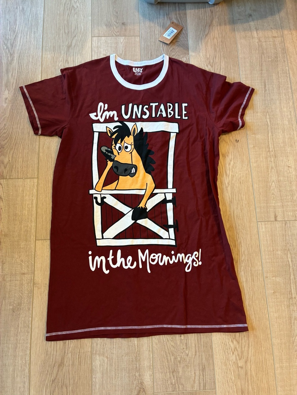 NWT Lazy One I'm Unstable in the Mornings' Horse Graphic night dress - Burgundy